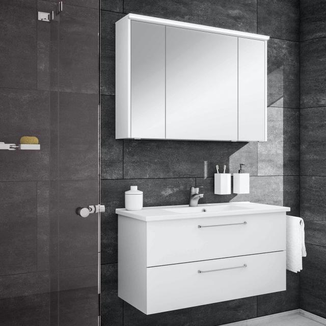 Artiqua 890 Block Waschtisch mit Waschtischunterschrank und Spiegelschrank Front: weiß glanz/verspiegelt, Korpus: weiß glanz