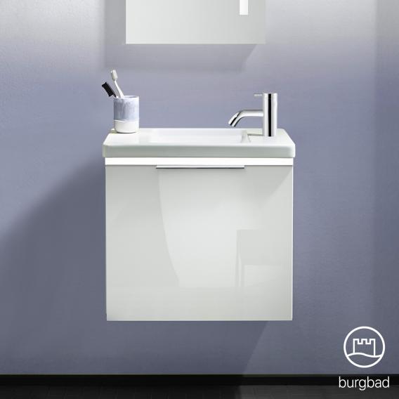 Burgbad Eqio Handwaschbecken mit Waschtischunterschrank mit Beleuchtung mit 1 Klappe Front weiß hochglanz/Korpus weiß glanz, Griff chrom