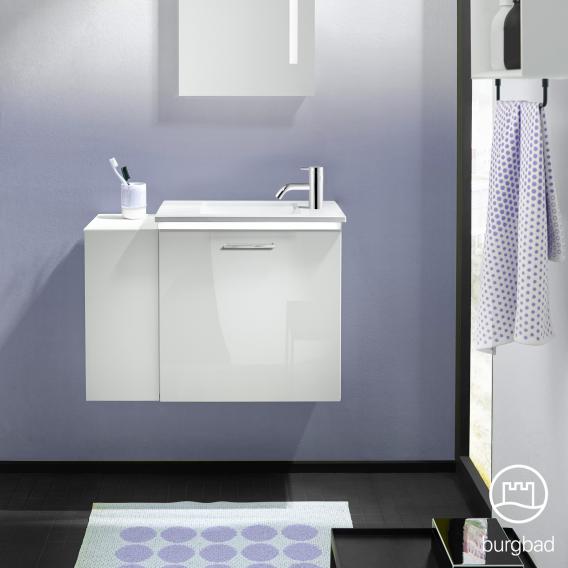 Burgbad Eqio Handwaschbecken mit Waschtischunterschrank mit Beleuchtung mit 1 Klappe mit offenem Fach weiß hochglanz/weiß matt/weiß glanz, Stangengriff chrom