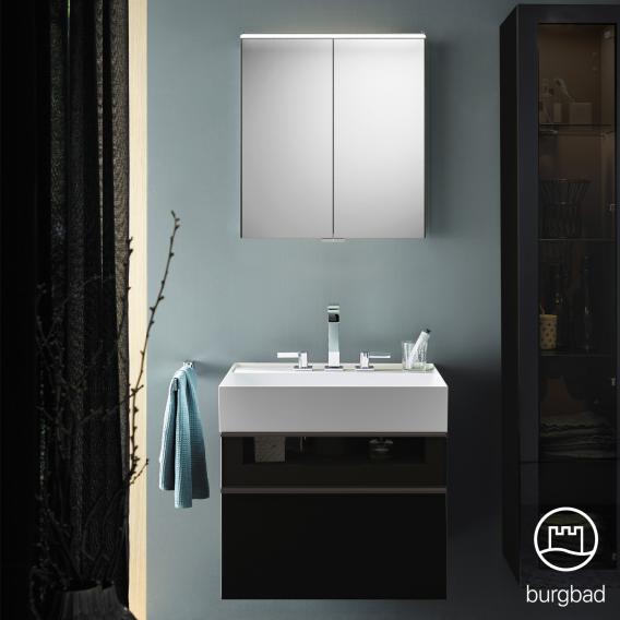 Burgbad Yumo Set Waschtisch mit Waschtischunterschrank und Spiegelschrank schwarz hochglanz/bronze, Waschtisch weiß samt