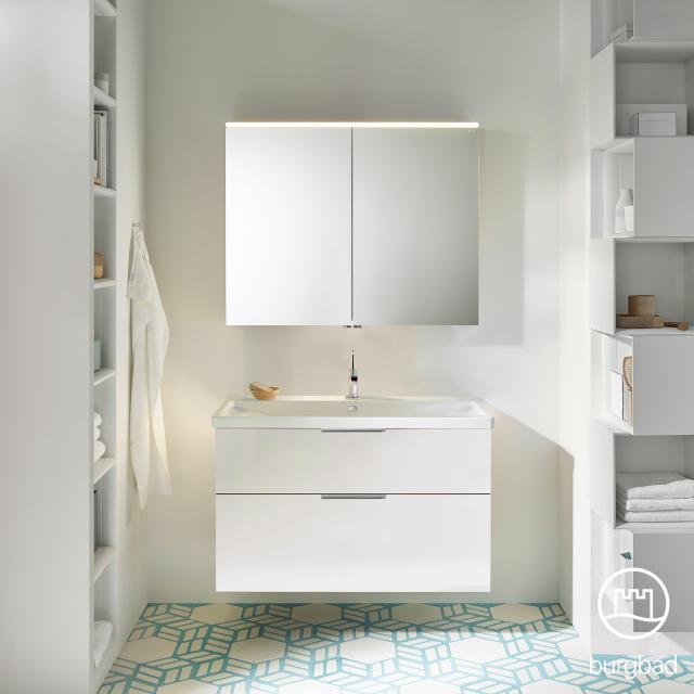 Burgbad Eqio Badmöbel-Set 1, Waschtisch mit Waschtischunterschrank und Spiegelschrank weiß hochglanz/weiß glanz, Griff chrom
