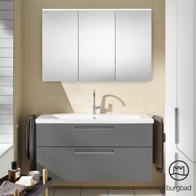 Burgbad Eqio Badmöbel-Set 3 Waschtisch mit Waschtischunterschrank und Spiegelschrank grau hochglanz/grau glanz, Stangengriff chrom