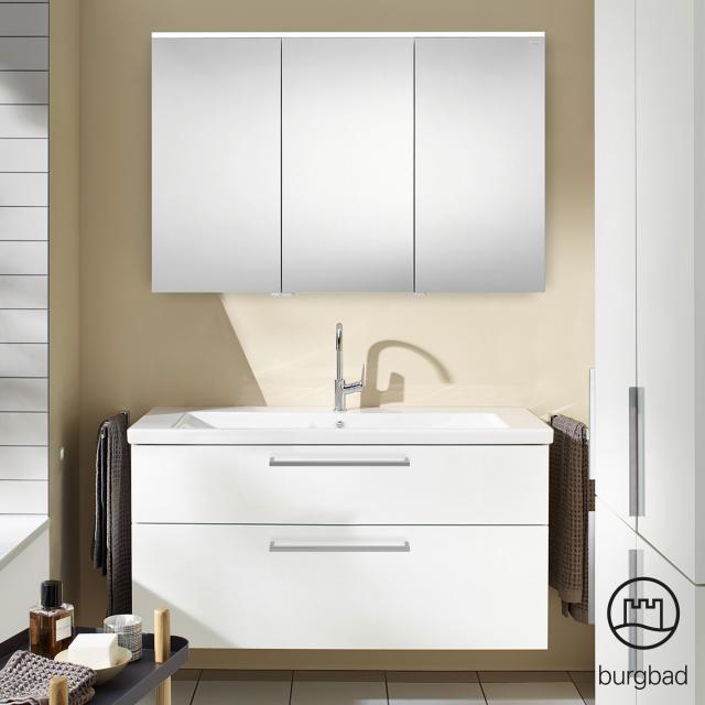 Burgbad Eqio Badmöbel-Set 3 Waschtisch mit Waschtischunterschrank und Spiegelschrank weiß hochglanz/weiß glanz, Stangengriff chrom