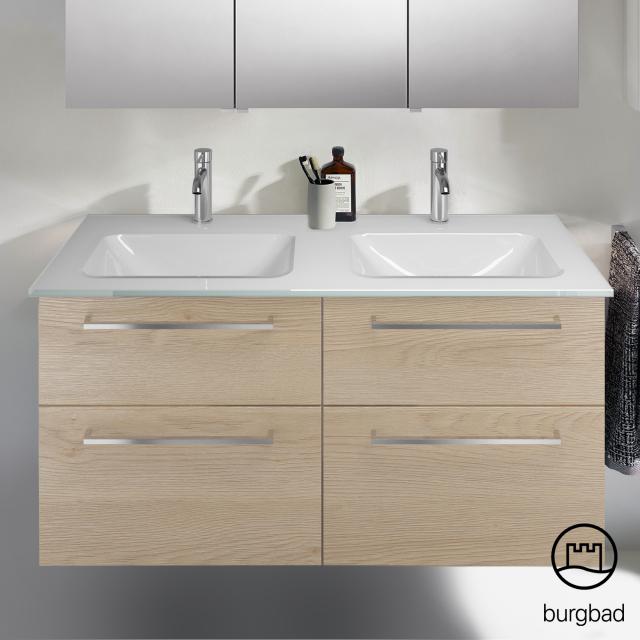 Burgbad Eqio Doppelwaschtisch mit Waschtischunterschrank mit 4 Auszügen eiche cashmere dekor, Stangengriff chrom
