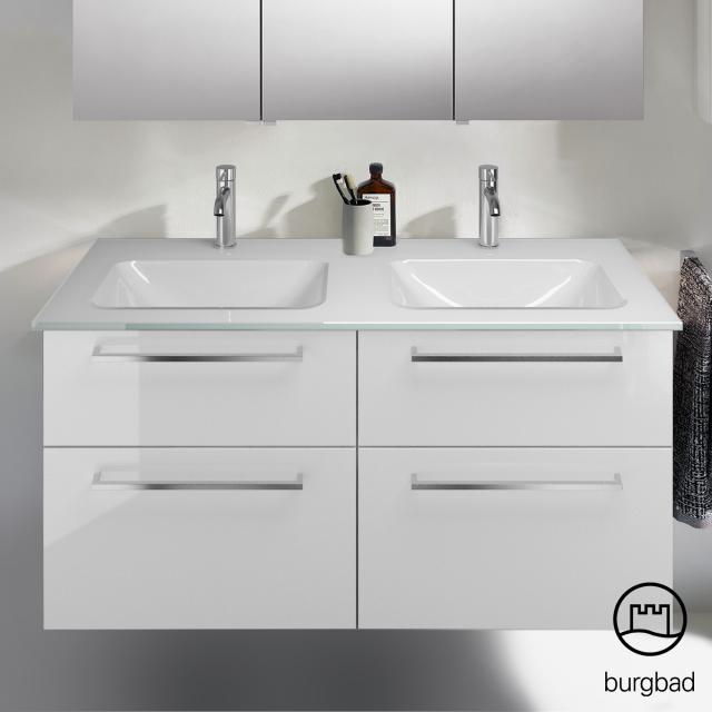 Burgbad Eqio Doppelwaschtisch mit Waschtischunterschrank mit 4 Auszügen weiß hochglanz/weiß glanz, Stangengriff chrom