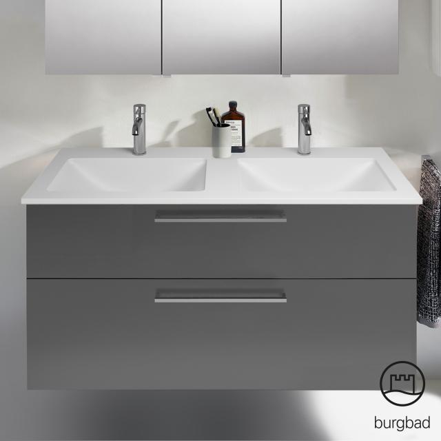 Burgbad Eqio Doppelwaschtisch mit Waschtischunterschrank mit 2 Auszügen Front grau hochglanz / Korpus grau glanz, Stangengriff chrom