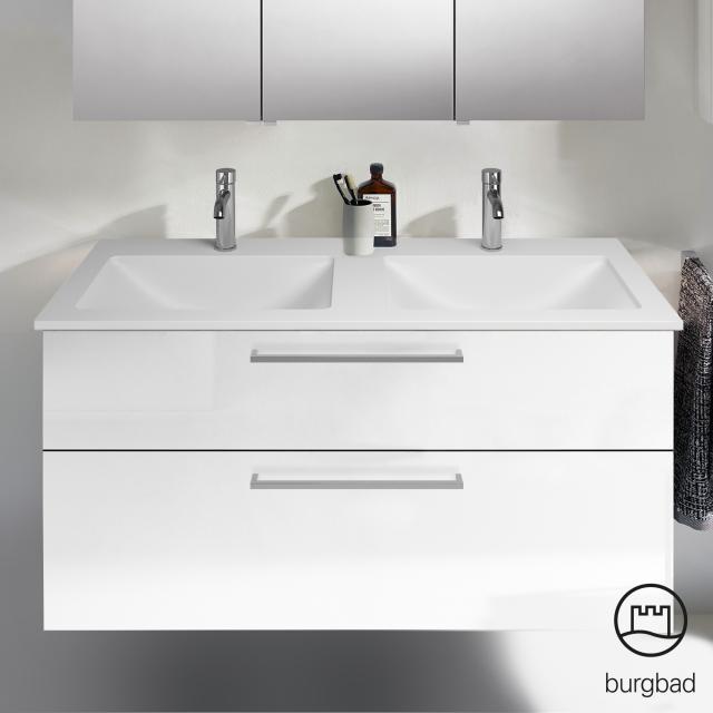 Burgbad Eqio Doppelwaschtisch mit Waschtischunterschrank mit 2 Auszügen weiß hochglanz/weiß glanz, Stangengriff chrom