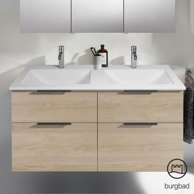 Burgbad Eqio Doppelwaschtisch mit Waschtischunterschrank mit 4 Auszügen eiche cashmere dekor, Griff schwarz matt
