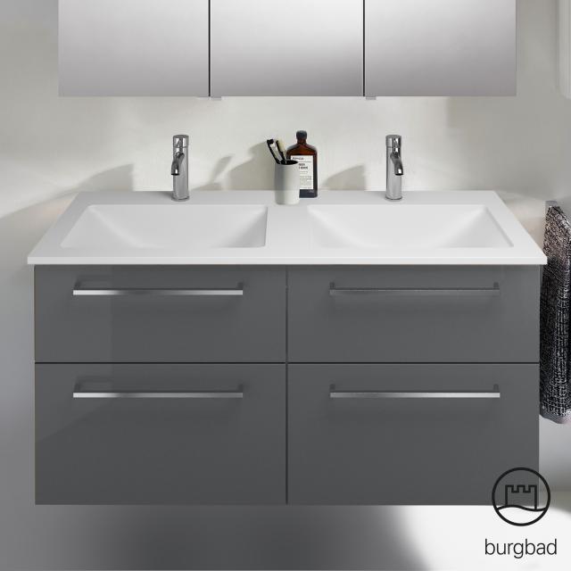 Burgbad Eqio Doppelwaschtisch mit Waschtischunterschrank mit 4 Auszügen Front grau hochglanz / Korpus grau glanz, Stangengriff chrom