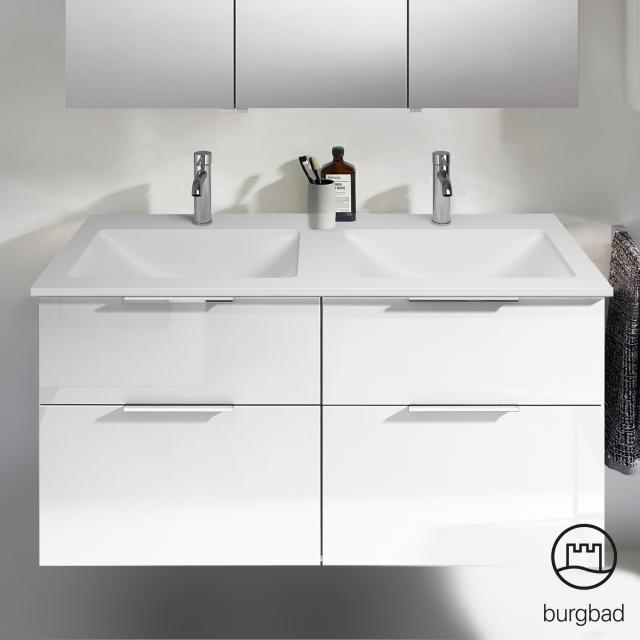 Burgbad Eqio Doppelwaschtisch mit Waschtischunterschrank mit 4 Auszügen weiß hochglanz/weiß glanz, Griff chrom
