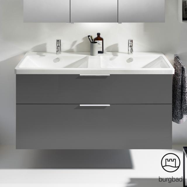 Burgbad Eqio Doppelwaschtisch mit Waschtischunterschrank mit 2 Auszügen grau hochglanz/grau glanz, Griff chrom