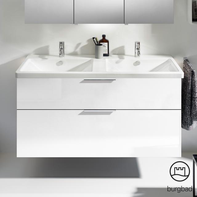 Burgbad Eqio Doppelwaschtisch mit Waschtischunterschrank mit 2 Auszügen weiß hochglanz/weiß glanz, Griff chrom