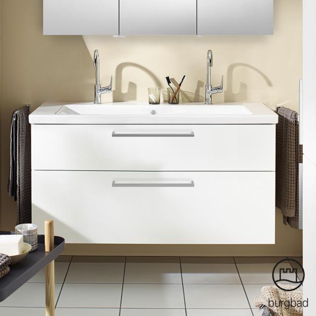 Burgbad Eqio Doppelwaschtisch mit Waschtischunterschrank mit 2 Auszügen weiß hochglanz/weiß glanz, Stangengriff chrom