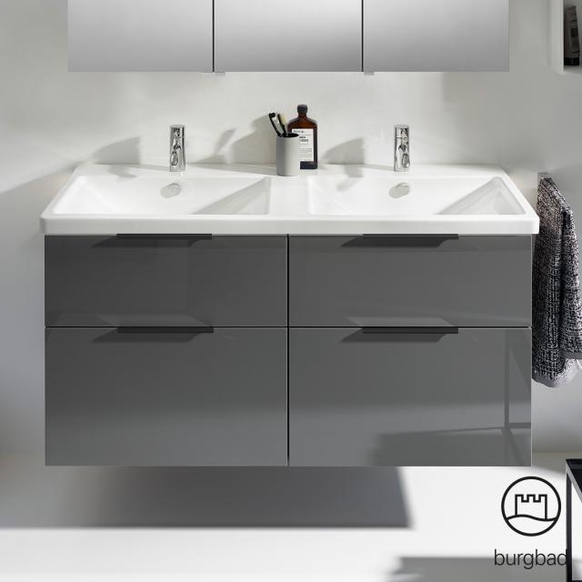 Burgbad Eqio Doppelwaschtisch mit Waschtischunterschrank mit 4 Auszügen Front grau hochglanz / Korpus grau glanz, Griff schwarz matt