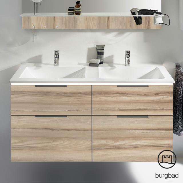 Burgbad Eqio Doppelwaschtisch mit Waschtischunterschrank mit Beleuchtung mit 4 Auszügen frassino cappuccino dekor, Griff schwarz matt