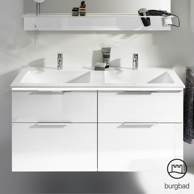 Burgbad Eqio Doppelwaschtisch mit Waschtischunterschrank mit Beleuchtung mit 4 Auszügen weiß hochglanz/weiß glanz, Griff chrom