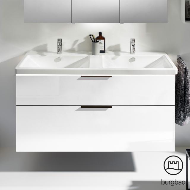 Burgbad Eqio Doppelwaschtisch mit Waschtischunterschrank mit Beleuchtung mit 2 Auszügen weiß hochglanz/weiß glanz, Griff schwarz matt