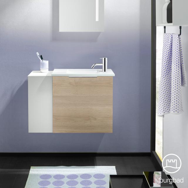 Burgbad Eqio Handwaschbecken mit Waschtischunterschrank mit 1 Klappe mit offenem Fach eiche cashmere dekor/weiß matt, Griff chrom