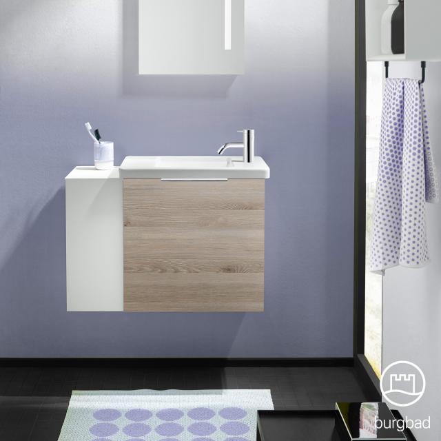 Burgbad Eqio Handwaschbecken mit Waschtischunterschrank mit 1 Klappe mit offenem Fach eiche flanell dekor, Griff chrom