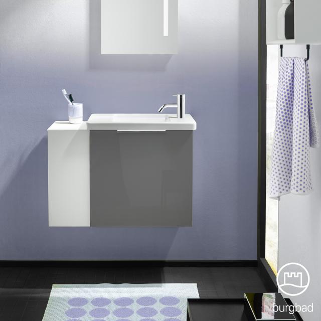 Burgbad Eqio Handwaschbecken mit Waschtischunterschrank mit 1 Klappe mit offenem Fach Front grau hochglanz / Korpus grau glanz, Griff chrom