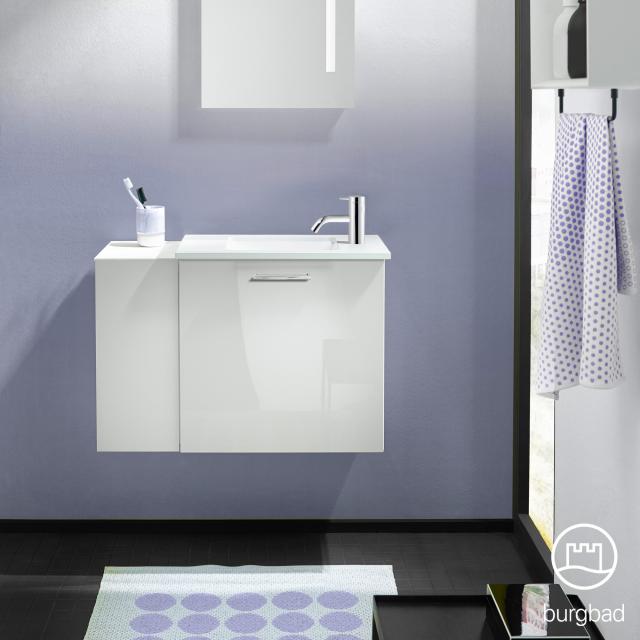 Burgbad Eqio Handwaschbecken mit Waschtischunterschrank mit 1 Klappe mit offenem Fach Front weiß hochglanz/weiß matt / Korpus weiß glanz, Stangengriff chrom