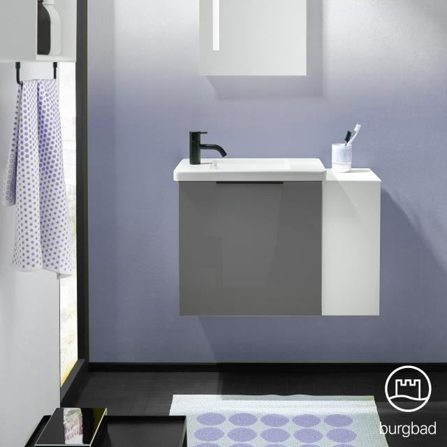 Burgbad Eqio Handwaschbecken mit Waschtischunterschrank mit 1 Klappe mit offenem Fach grau hochglanz/grau glanz, Griff schwarz matt