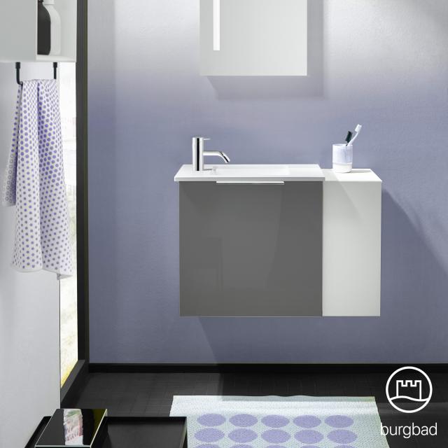 Burgbad Eqio Handwaschbecken mit Waschtischunterschrank mit 1 Klappe mit offenem Fach grau hochglanz/weiß matt/grau glanz, Griff chrom