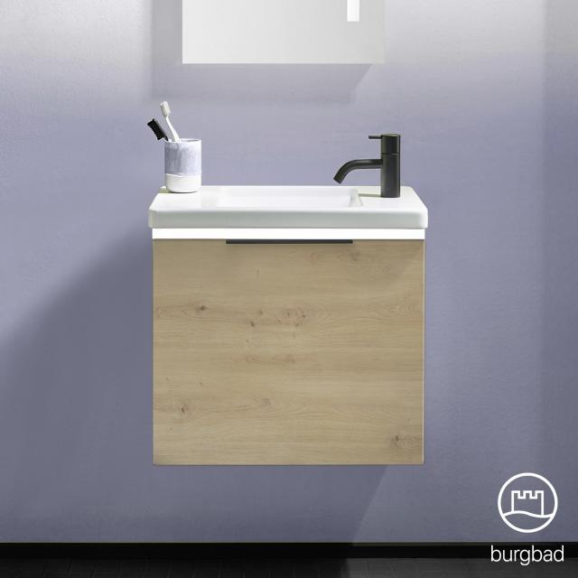 Burgbad Eqio Handwaschbecken mit Waschtischunterschrank mit Beleuchtung mit 1 Klappe eiche dekor urban, Griff schwarz matt
