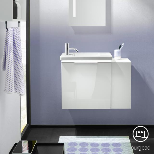 Burgbad Eqio Handwaschbecken mit Waschtischunterschrank mit Beleuchtung mit 1 Klappe mit offenem Fach weiß hochglanz/weiß glanz, Griff chrom