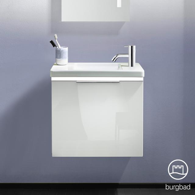 Burgbad Eqio Handwaschbecken mit Waschtischunterschrank mit Beleuchtung mit 1 Klappe weiß hochglanz/weiß glanz, Griff chrom