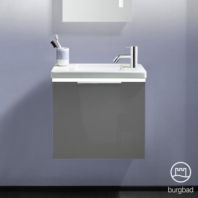 Burgbad Eqio Handwaschbecken mit Waschtischunterschrank mit LED-Beleuchtung mit 1 Klappe Front grau hochglanz / Korpus grau glanz, Griff chrom