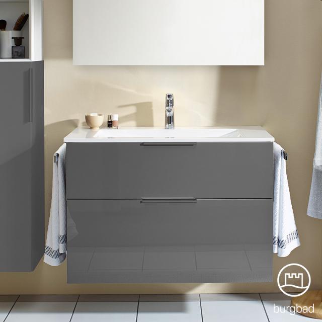 Burgbad Eqio Waschtisch mit Waschtischunterschrank mit 2 Auszügen Front grau hochglanz / Korpus grau glanz, Griff schwarz matt
