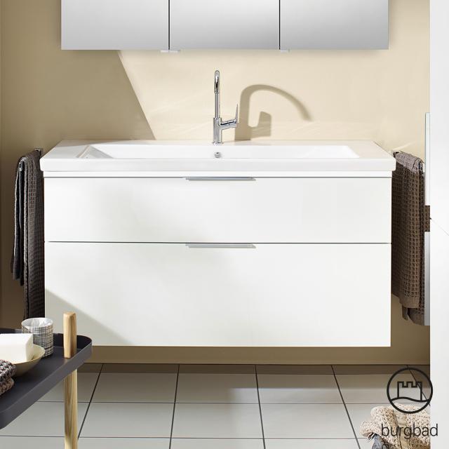 Burgbad Eqio Waschtisch mit Waschtischunterschrank mit Beleuchtung mit 2 Auszügen weiß hochglanz/weiß glanz, Griff chrom