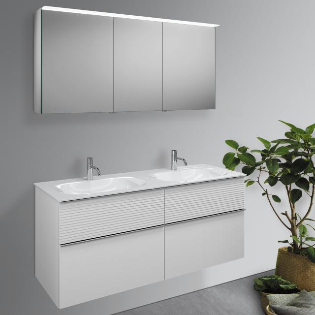 Burgbad Fiumo Badmöbel-Set Doppelwaschtisch mit Waschtischunterschrank und Spiegelschrank weiß matt, Griffleiste chrom