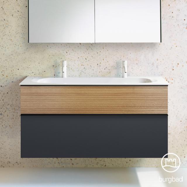 Burgbad Fiumo Doppelwaschtisch mit Waschtischunterschrank mit 2 Auszügen graphit softmatt/tectona zimt dekor, Griffleiste schwarz matt