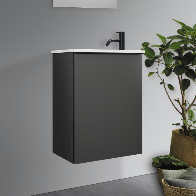 Burgbad Fiumo Handwaschbecken mit Waschtischunterschrank mit 1 Tür Front graphit softmatt/Korpus graphit softmatt, Griffleiste schwarz matt