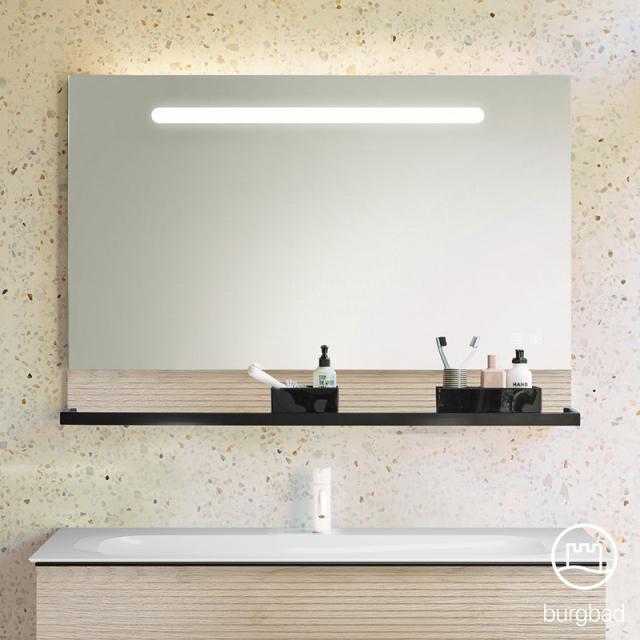 Burgbad Fiumo Leuchtspiegel mit horizontaler LED-Beleuchtung eiche cashmere dekor, Reling schwarz