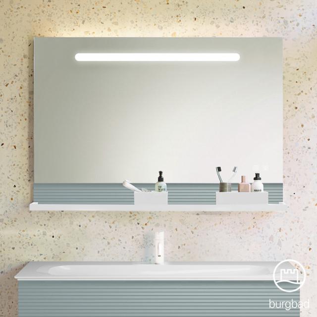 Burgbad Fiumo Leuchtspiegel mit horizontaler LED-Beleuchtung eisblau softmatt, Reling weiß