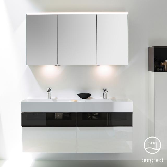 Burgbad Yumo Set Doppelwaschtisch mit Waschtischunterschrank und Spiegelschrank weiß hochglanz/bronze, Waschtisch weiß