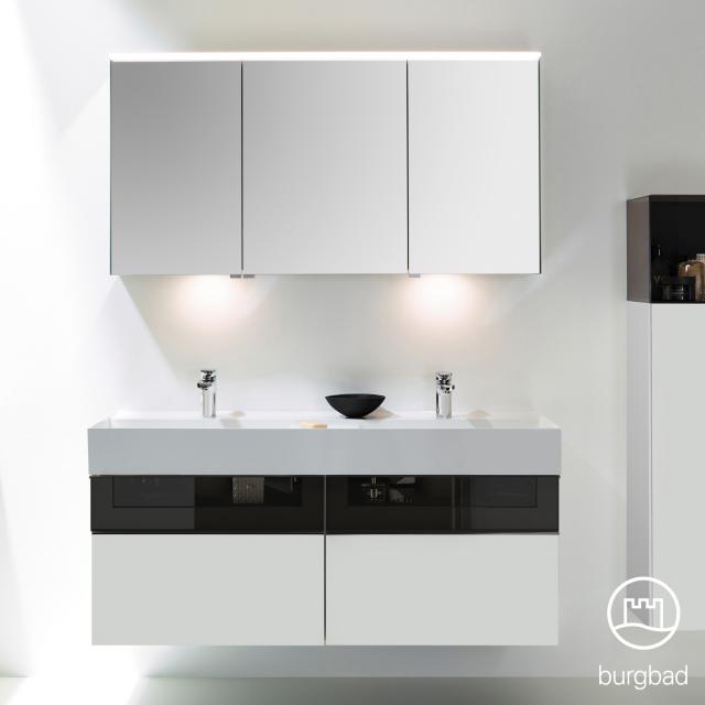 Burgbad Yumo Set Doppelwaschtisch mit Waschtischunterschrank und Spiegelschrank weiß matt/ bronze, Waschtisch weiß samt