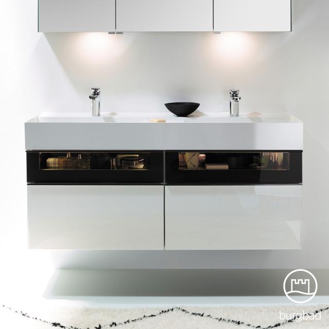 Burgbad Yumo Doppelwaschtisch mit Waschtischunterschrank mit Beleuchtung und 4 Auszügen weiß hochglanz/bronze, Waschtisch weiß