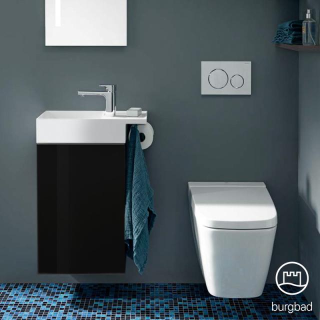 Burgbad Yumo Handwaschbecken mit Waschtischunterschrank mit 1 Tür Front schwarz hochglanz/Koprus schwarz hochglanz/Waschtisch weiß