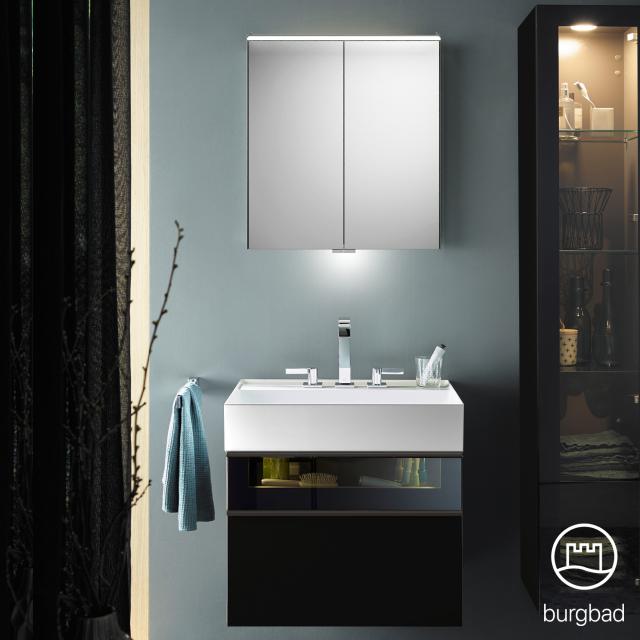 Burgbad Yumo Set Waschtisch mit Waschtischunterschrank und Spiegelschrank schwarz hochglanz/bronze, Waschtisch weiß