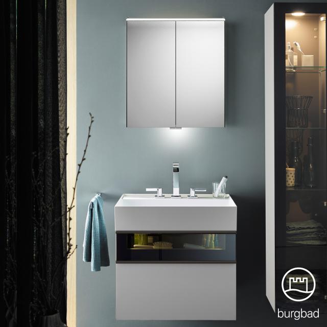 Burgbad Yumo Set Waschtisch mit Waschtischunterschrank und Spiegelschrank weiß matt/ bronze, Waschtisch weiß samt
