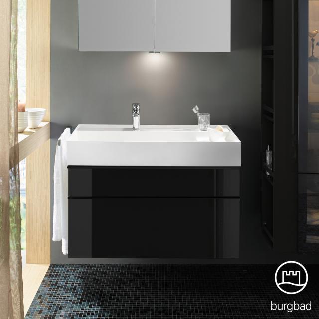 Burgbad Yumo Waschtisch inkl. Ablage mit Waschtischunterschrank mit 2 Auszügen schwarz hochglanz, Waschtisch weiß
