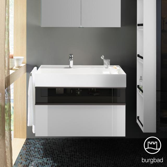 Burgbad Yumo Waschtisch inkl. Ablage mit Waschtischunterschrank mit 2 Auszügen weiß hochglanz/bronze, Waschtisch weiß