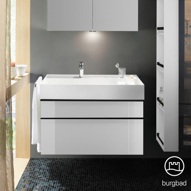 Burgbad Yumo Waschtisch inkl. Ablage mit Waschtischunterschrank mit 2 Auszügen weiß hochglanz, Waschtisch weiß