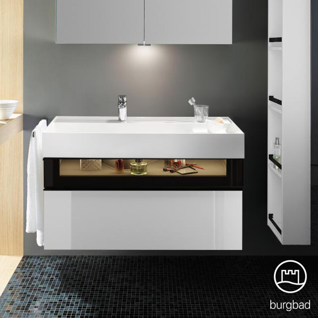 Burgbad Yumo Waschtisch inkl. Ablage mit Waschtischunterschrank mit Beleuchtung und 2 Auszügen weiß hochglanz/bronze, Waschtisch weiß