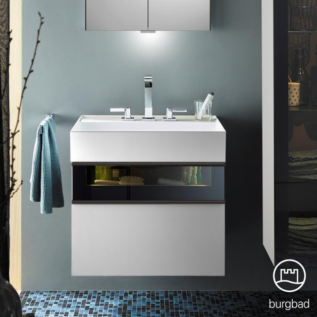 Burgbad Yumo Waschtisch mit Waschtischunterschrank mit Beleuchtung und 2 Auszügen weiß hochglanz/bronze, Waschtisch weiß