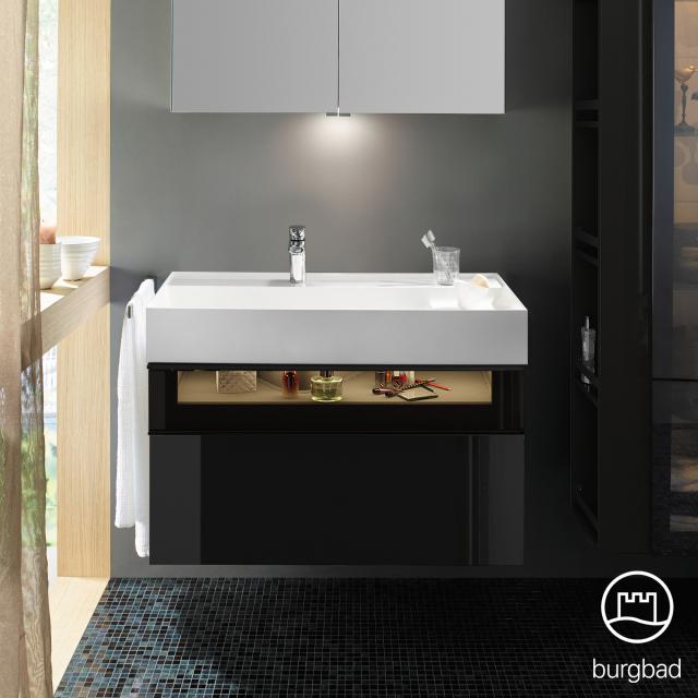 Burgbad Yumo Waschtisch inkl. Ablage mit Waschtischunterschrank mit Beleuchtung und 2 Auszügen schwarz hochglanz/bronze, Waschtisch weiß samt